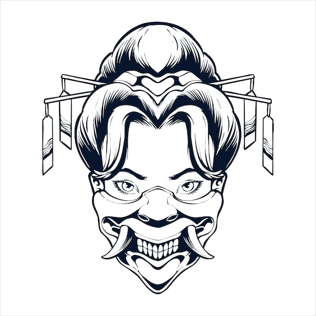 Vecteur le dessin au trait du masque de geisha japonais