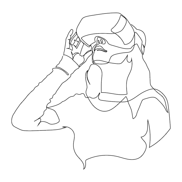 Vecteur un dessin au trait d'une fille se sentant excitée à l'aide de lunettes de réalité virtuelle et de réalité virtuelle