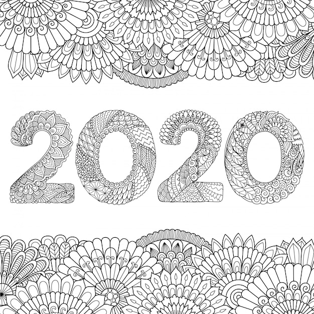 Dessin Au Trait De Fleurs En Forme De 2020, Bonne Année 2020