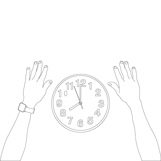 Vecteur un dessin au trait main tenant la montre et le vecteur de contour sur fond blanc