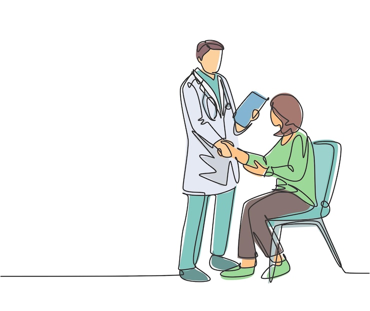 Vecteur un dessin au trait d'un médecin qui serre la main du patient à l'hôpital pour lui demander son état de santé. contrôle médical
