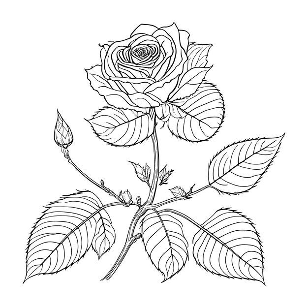 Vecteur dessin au trait noir et blanc d'une rose en fleurs et croquis d'une rose avec des feuilles