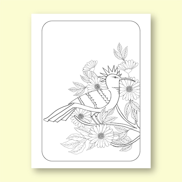 Vecteur dessin au trait d'oiseau avec des fleurs et des feuilles coloriage