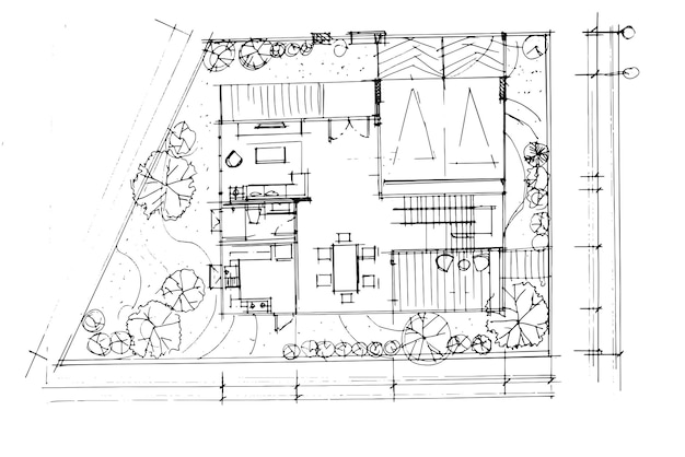 Vecteur dessin au trait de plan de maison résidentielledesign modernevecteurillustration 2d