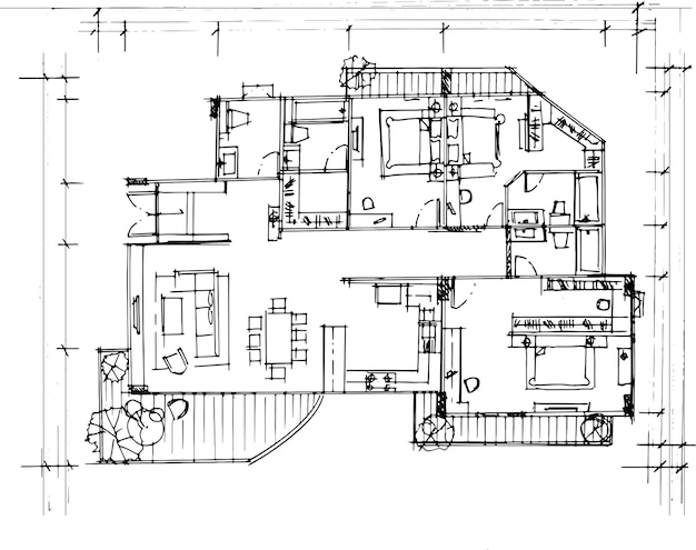 Vecteur dessin au trait de plan de maison résidentielledesign modernevecteurillustration 2d