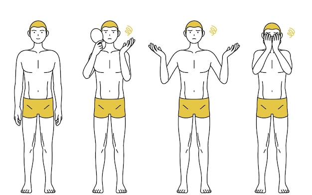 Dessin au trait pose ensemble d'un homme avec une perte de cheveux pose en difficulté