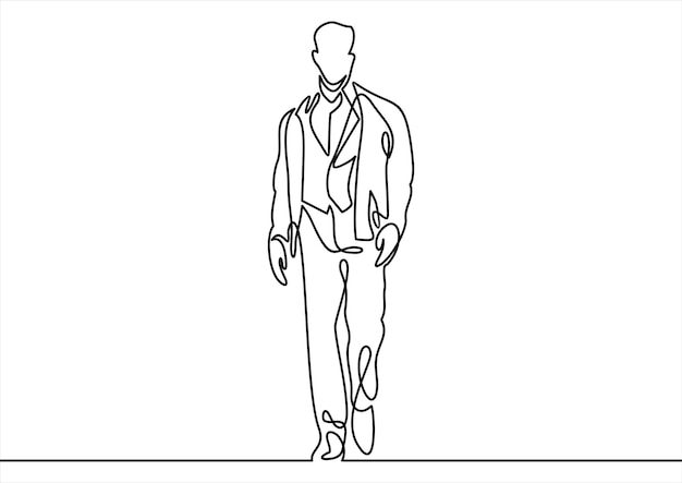 Un dessin au trait sans fin d'un homme séduisant dans un costume intégral va.