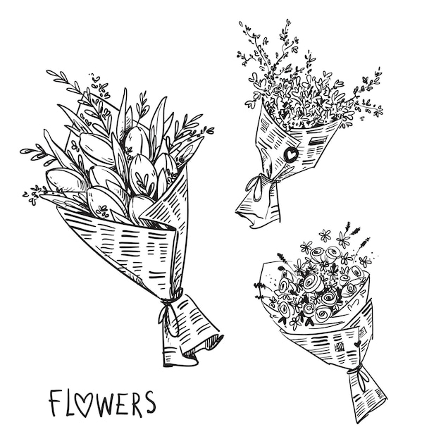 Vecteur dessin au trait vectoriel noir et blanc de bouquets de fleurs enveloppés dans du papier journal