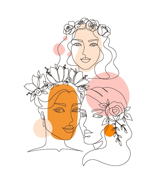 Dessin au trait visage de femme Affiche minimale abstraite avec des fleurs pour l'illustration de mode Contemporain une ligne design formes organiques et contours dames avec illustration vectorielle de décorations florales