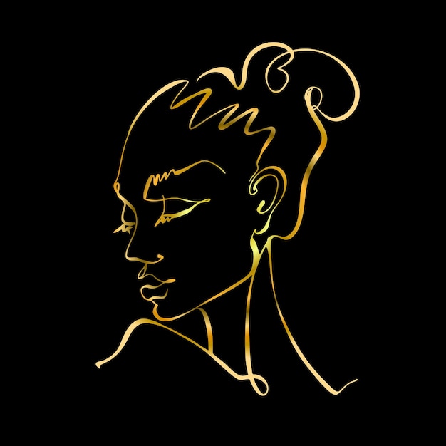 Dessin au trait. Le visage de la fille est dessiné avec une seule ligne. Logo de cosmétologie. Salon de beauté. Or sur fond noir. Vecteur.