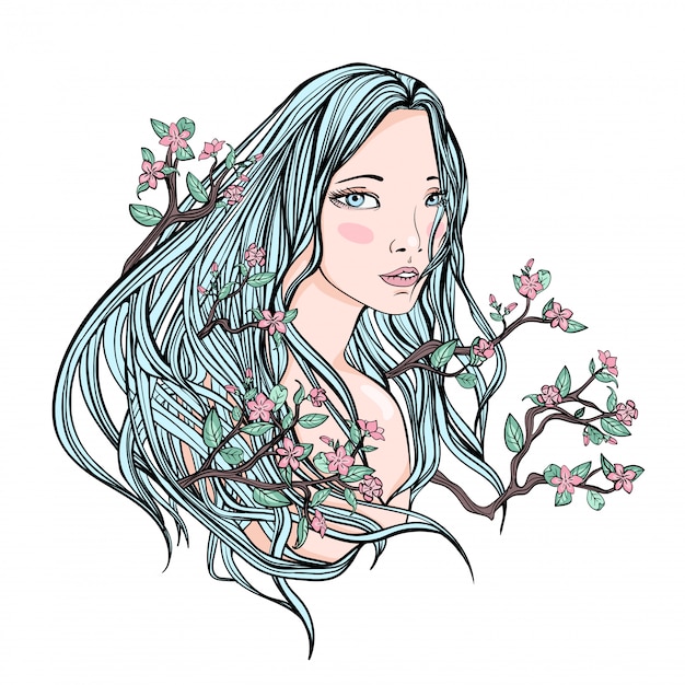 Dessin D'une Belle Fille Aux Longs Cheveux Fleuris Sur Fond Blanc. Peau Pâle Et Cheveux Bleus Avec Des Fleurs Et Des Branches. Portrait D'illustration.