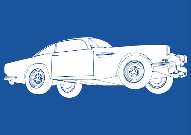 Un dessin bleu et blanc d'une voiture sur un fond bleu.