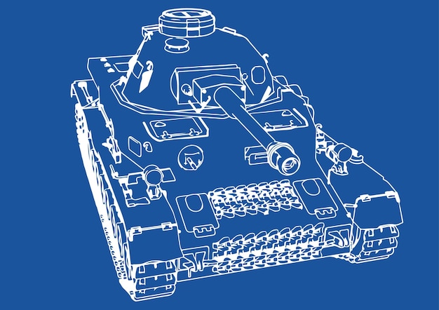 Un dessin bleu d'un tank avec les mots tank dessus.