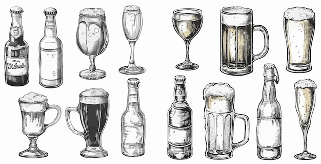 Vecteur dessin de boisson gravée sur verre de bière avec illustration à la mousse