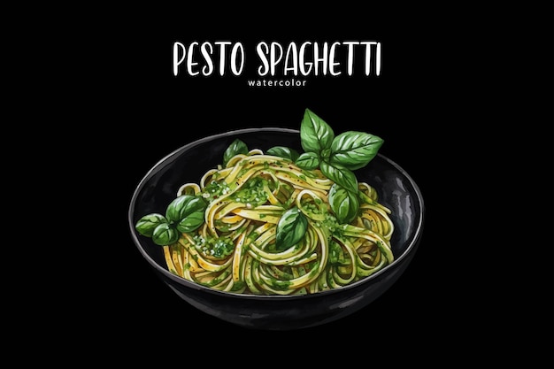 Vecteur un dessin d'un bol de spaghettis au pesto avec des feuilles de basilic