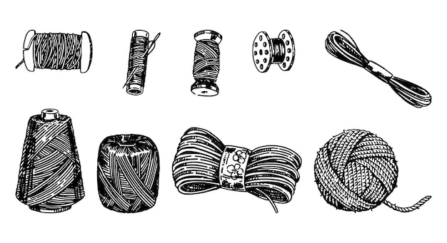 Dessin de boules de fil, de bobines de fil, d'outils pour le tricot, de la couture, de l'artisanat, de la collection de griffons