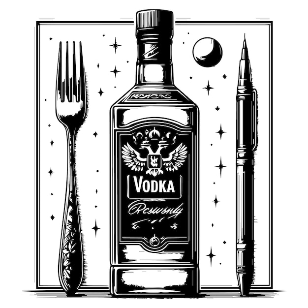 Vecteur un dessin d'une bouteille de vodka et d'une fourchette