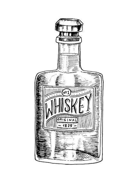 Vecteur un dessin d'une bouteille de whisky sur un fond blanc