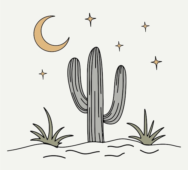 Vecteur un dessin d'un cactus dans le désert avec une lune et des étoiles.