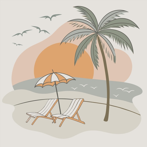 un dessin d'une chaise de plage et d'un palmier avec le soleil derrière lui