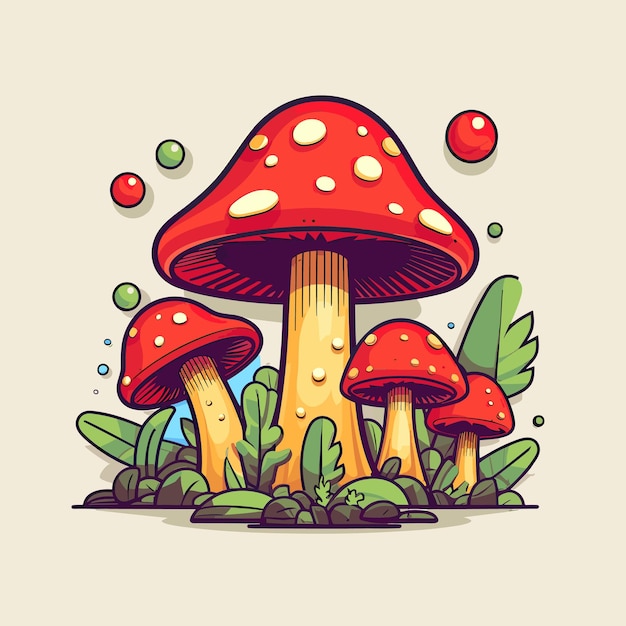 Un dessin d'un champignon avec une feuille verte et le mot champignon.