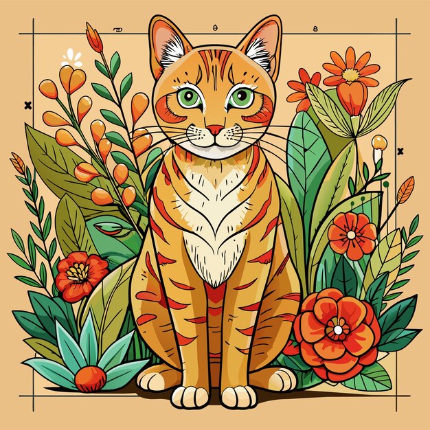 Vecteur un dessin d'un chat avec des fleurs et une image d'un tigre