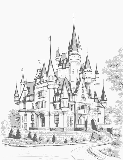 Un Dessin D'un Château En Noir Et Blanc.