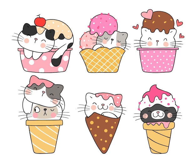 Dessin De Collection Chat Heureux Avec De La Crème Glacée Sucrée