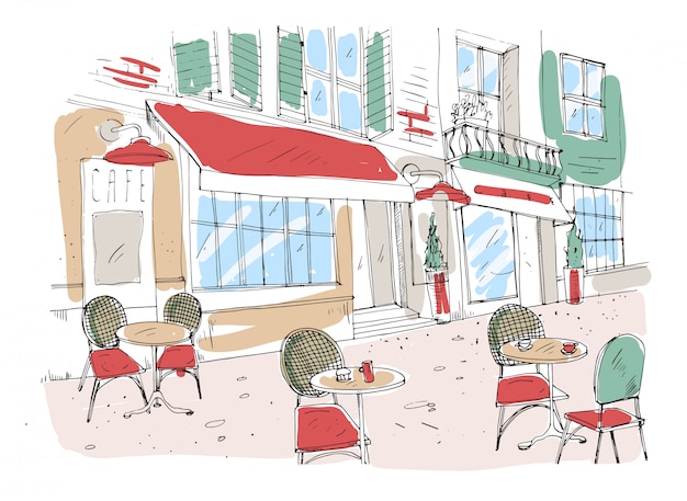 Dessin Coloré D'un Café-terrasse D'été, D'un Café Ou D'un Restaurant Avec Des Tables Et Des Chaises Debout Sur La Rue De La Ville à Côté D'un Magnifique Bâtiment Antique Avec Auvent. Illustration Colorée Dessinée à La Main.