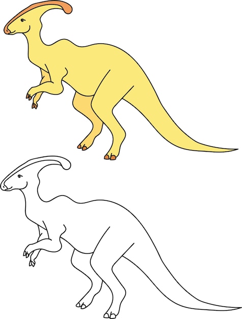 Vecteur dessin à colorier vectoriel avec un dinosaure, versions couleur et noir et blanc de parasaurolophus