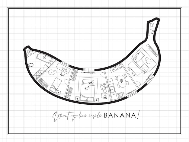 Vecteur dessin de construction en silhouette de banane dans le salon, la salle de bain, la cuisine et la chambre.