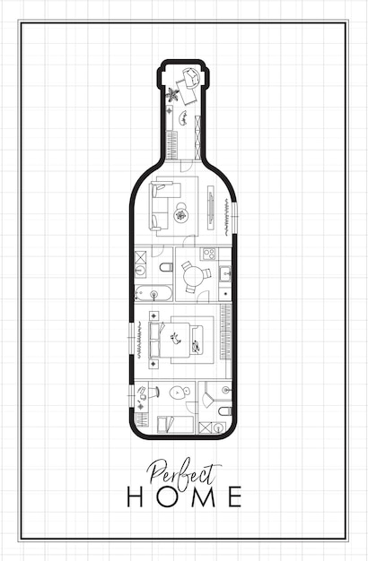 Vecteur dessin de construction en silhouette de bouteille de vin salon salle de bain cuisine chambre à coucher