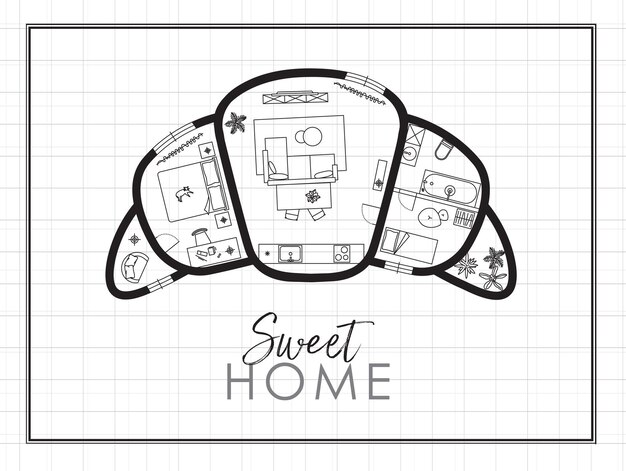Vecteur dessin de construction en silhouette de croissant salon salle de bain cuisine chambre à coucher
