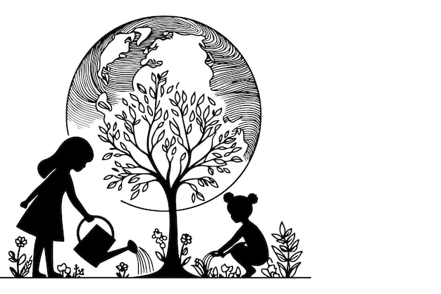 Vecteur un dessin continu d'un dessin en ligne noire d'enfants arrosant un arbre plantant des arbres pour sauver le monde et la journée de la terre réduire le réchauffement climatique concept de croissance illustration vectorielle sur fond blanc