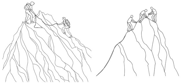 Vecteur un dessin continu d'un groupe de personnes, un homme et une femme, s'aidant les uns les autres à gravir une montagne.