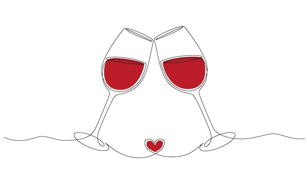 Dessin continu d'une ligne d'acclamations deux verres avec concept de toast romantique au vin rouge