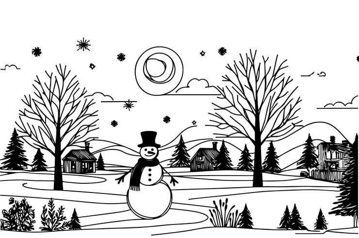 Vecteur dessin continu en une ligne de l'arbre et du bonhomme de neige carte d'hiver festive dans le style doodle paysage