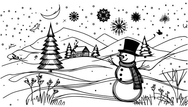 Vecteur dessin continu en une ligne de l'arbre et du bonhomme de neige carte d'hiver festive dans le style doodle paysage