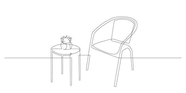 Dessin Continu D'une Ligne D'une Chaise Et D'une Table Avec Une Plante à La Maison Dessus Sur Fond Blanc