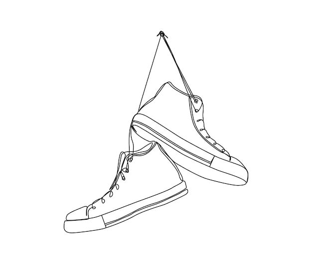 Dessin Continu D'une Ligne De Chaussures Accrochées Au Mur Baskets à La Mode Et Décontractées Dessin Au Trait Dessin Vectoriel