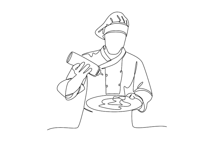 Vecteur dessin continu en une ligne d'un chef ajoutant de la sauce comme complément à son plat concept d'aliments biologiques sains dessin en une ligne illustration vectorielle de conception graphique