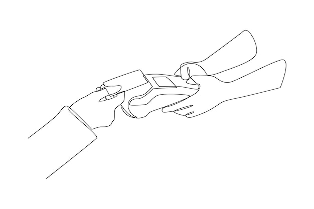 Dessin continu d'une ligne Les clients payant à la caisse et aux guichets de la caisse Concept de vecteur Doodle