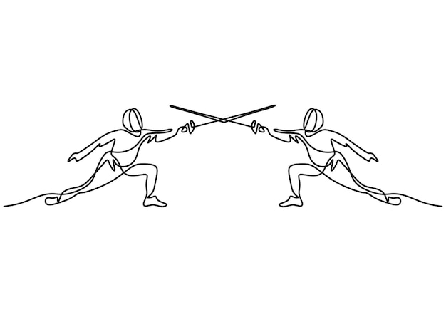 Vecteur dessin continu d'une ligne de deux athlètes d'escrime combattant en costume pratiquant avec l'épée