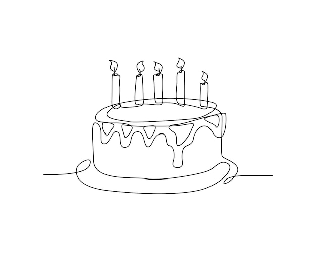 Dessin Continu D'une Ligne De Gâteau D'anniversaire Avec Des Bougies Concept D'anniversaire Et De Célébration De Fête Minimalisme Illustration Vectorielle Dessinée à La Main