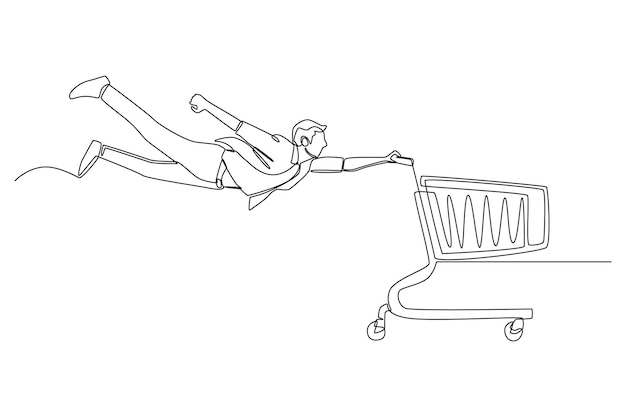 Dessin Continu D'une Ligne Heureux Jeune Garçon Volant Et Tenant Un Chariot Lors Des Achats Vente Flash Et Concept De Remise Illustration Graphique Vectorielle De Conception De Dessin à Une Seule Ligne