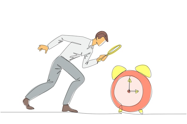 Un dessin continu d'une ligne homme d'affaires tenant une loupe regardant le réveil Super occupé