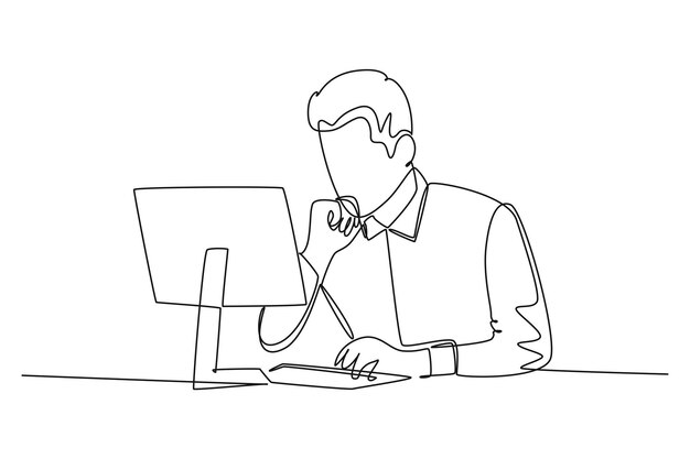 Un dessin continu d'une ligne jeune directeur d'entreprise assis sur son bureau devant son ordinateur portable et pensant à une stratégie pour faire croître l'entreprise croissance de l'entreprise dessin en ligne unique illustration graphique vectorielle