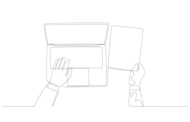 Dessin continu d'une ligne d'une main tapant sur un ordinateur portable et d'une autre main tenant un document