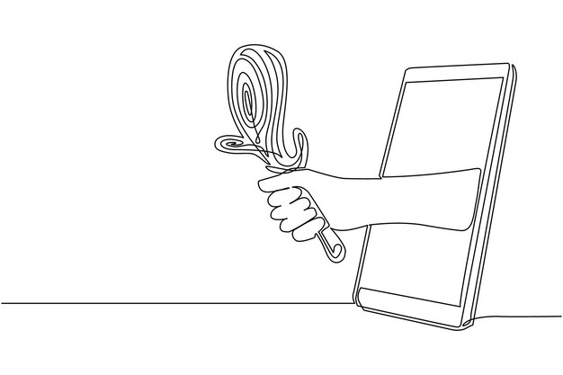 Vecteur un dessin continu d'une ligne à la main tenant une arme bâton à travers le téléphone portable concept de jeux vidéo esport application de divertissement pour smartphones dessin de ligne unique illustration vectorielle de conception
