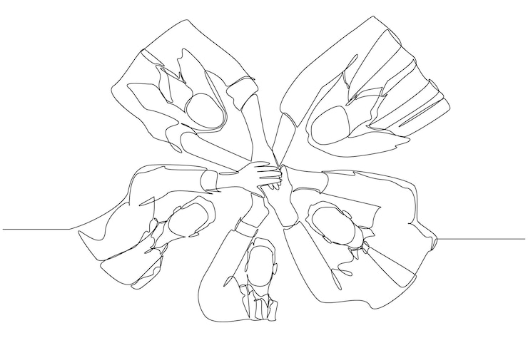 Vecteur un dessin continu d'une ligne des mains d'un groupe d'employés féminins et masculins unissent les mains ensemble